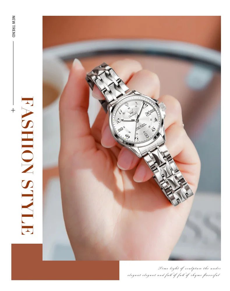 Elegant MC THE BLACK DIAMOND ladies' watch with luminous dial, waterproof quartz movement, and calendar display.