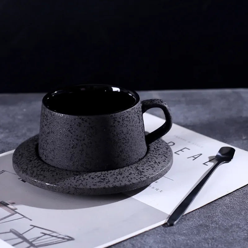 High-grade frosted ceramic coffee cup and saucer set with black spoon and cup holder, from 𝕄𝕮 𝕋𝕙𝕖 𝔹𝕝𝕒𝕔𝕜 𝔻𝕚�