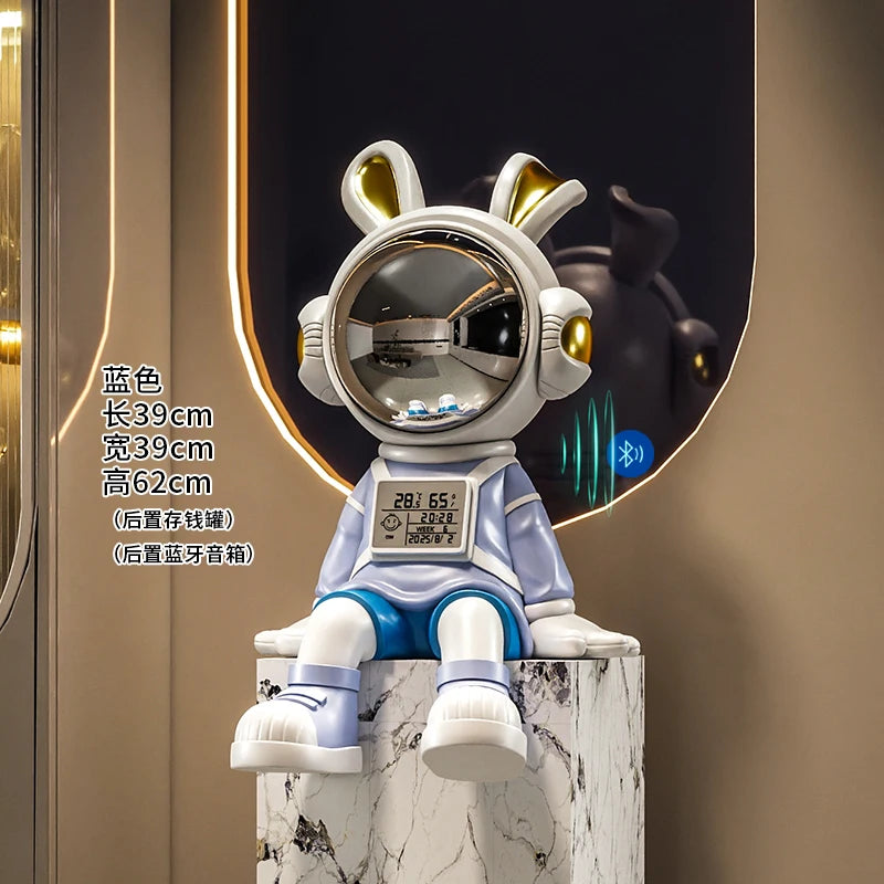 Luxurious MC THE BLACK DIAMOND astronaut rabbit sitting desk figurine for living room decor, detailed and stylish.