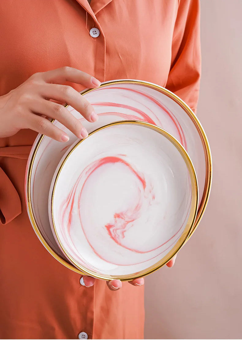 Pink gilded marble pattern porcelain dinner plate and bowl set with spoon, featuring elegant ceramic kitchen tableware from MC THE BLACK DIAMOND.