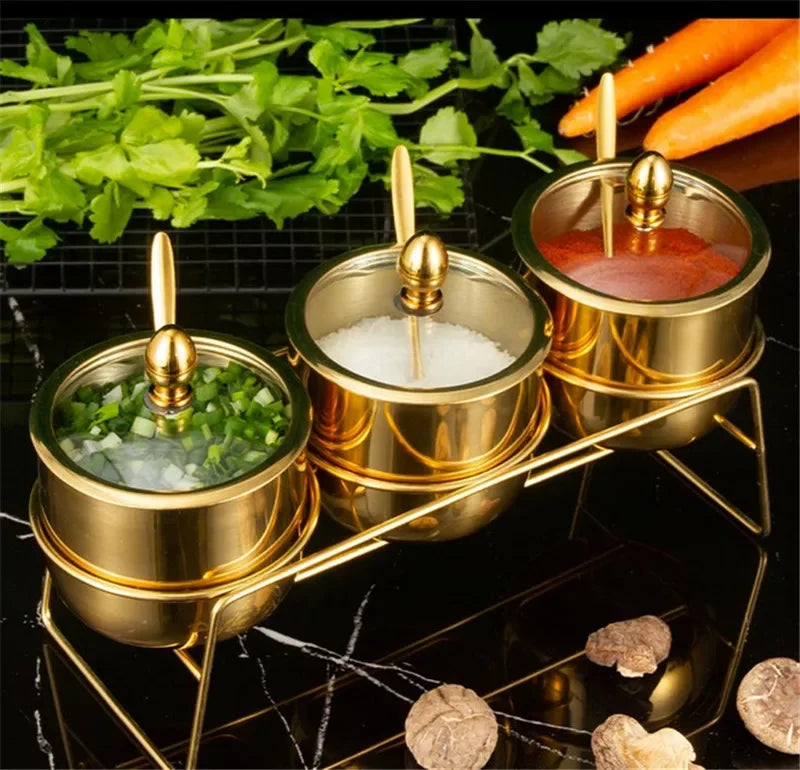 Gold MC THE BLACK DIAMOND 304 seasoning box with glass cap, spoon, and spice jar for salt, soy sauce, and flavoring storage.