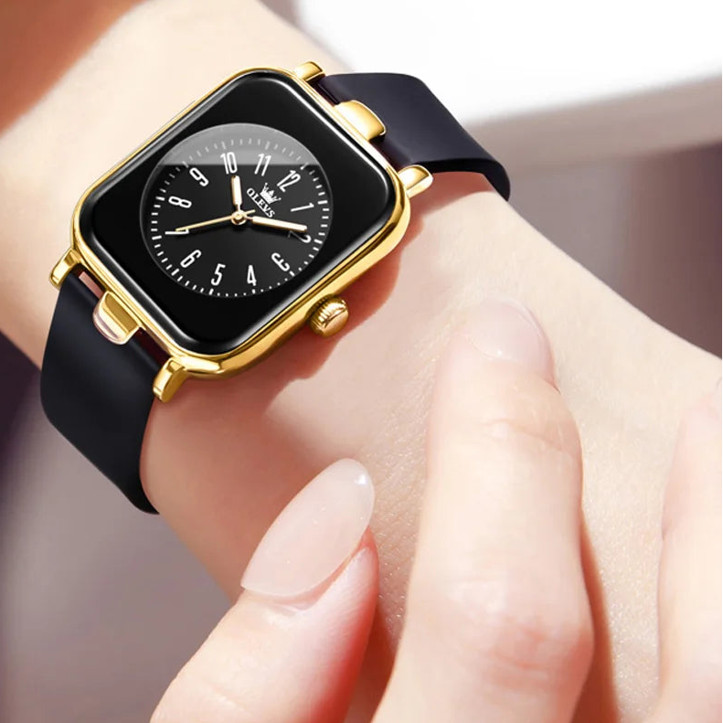 OLEVS square women's quartz watch with simple trendy design, silicone strap, and minimalist face from Mohamad Collection.