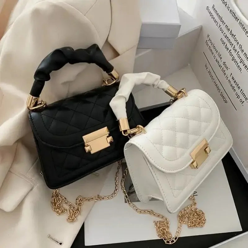 Women’s grid pattern tote bag with buckle detail, flap wallet, and PU leather crossbody strap from Mohammad Collection.