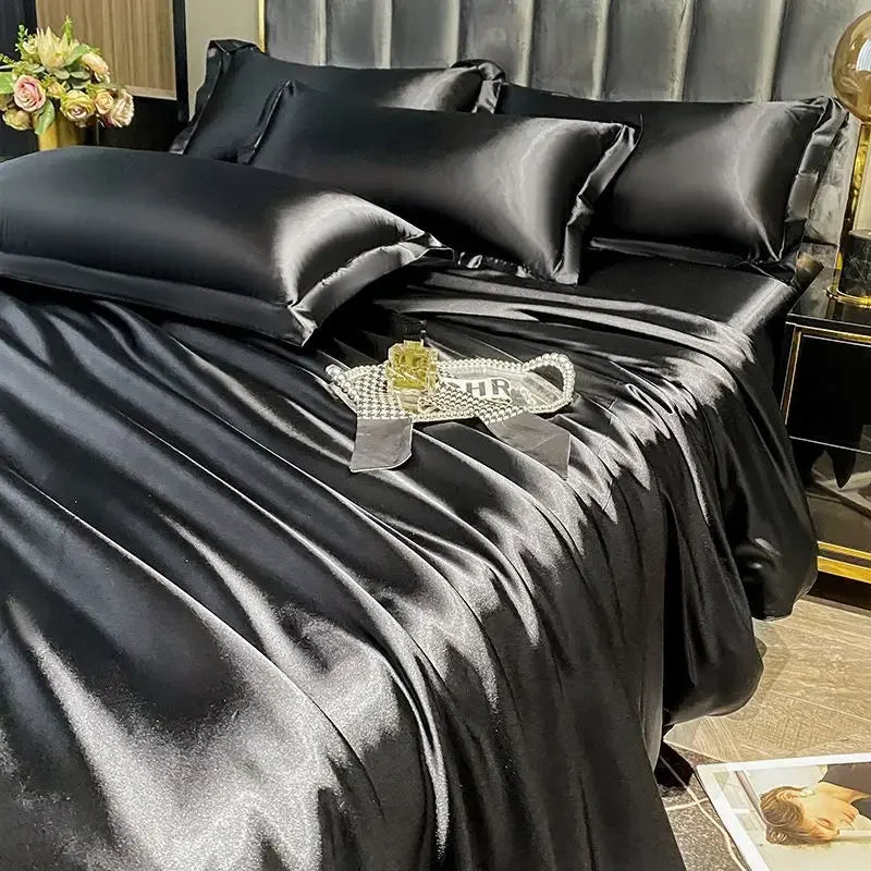 Luxury MC THE BLACK DIAMOND bed sheet set featuring a cover, pillowcases, suitable for couple or single beds in elegant fabric.