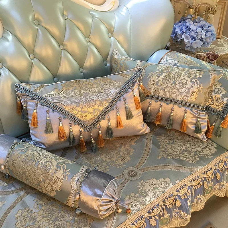 European Luxury Jacquard Tassel Lace sofa pillow cushion cover featuring elegant rectangular design and decorative large backrest.