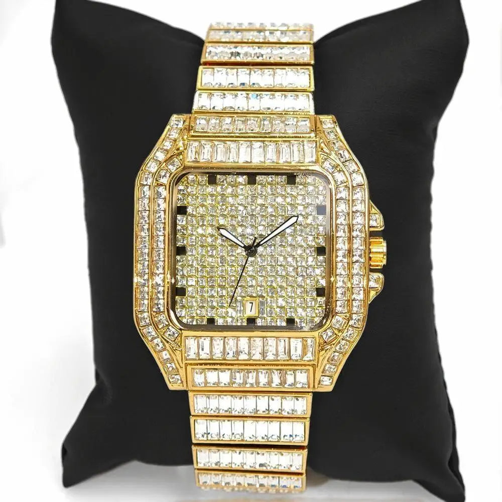 Luxury Rose MC THE BLACK DIAMOND men's stainless steel quartz watch with iced out diamonds and rectangular design.