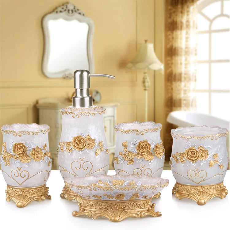 European resin bathroom set by MC THE BLACK DIAMOND including soap dispenser, toothbrush holder, soap dish, toilet brush, and wastebin