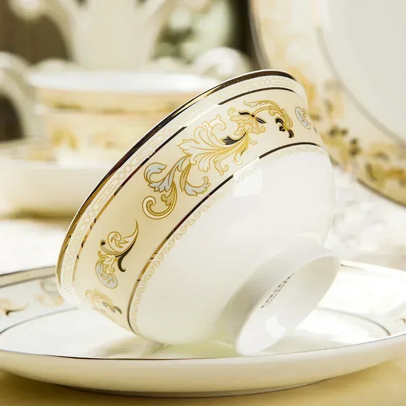 Luxury Golden Bone China ceramic dinner plates set with intricate patterns, part of 𝕄𝕔 𝕋𝕙𝕖 𝔹𝕝𝕒𝕔𝕜 𝔻𝕚𝕒𝕞