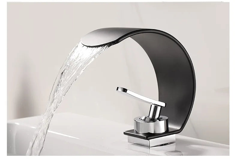 Black and white GEGVE waterfall bathroom sink faucet by MC THE BLACK DIAMOND, hot and cold water mixer tap for bath and sink.