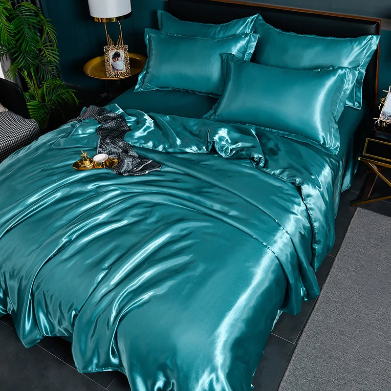 Luxury Mulberry Silky Bedding Set with queen satin duvet cover and sheets, featuring soft, skin-friendly high-end silk fabric.