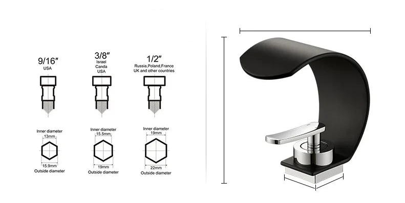MC THE BLACK DIAMOND waterfall bathroom sink faucet with hot and cold water mixer, black and white finish, ideal for bath and washbasin.