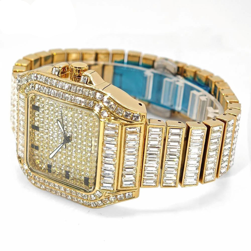 Luxury MC THE BLACK DIAMOND rose gold stainless steel men's watch with iced-out diamond accents and rectangular quartz design.
