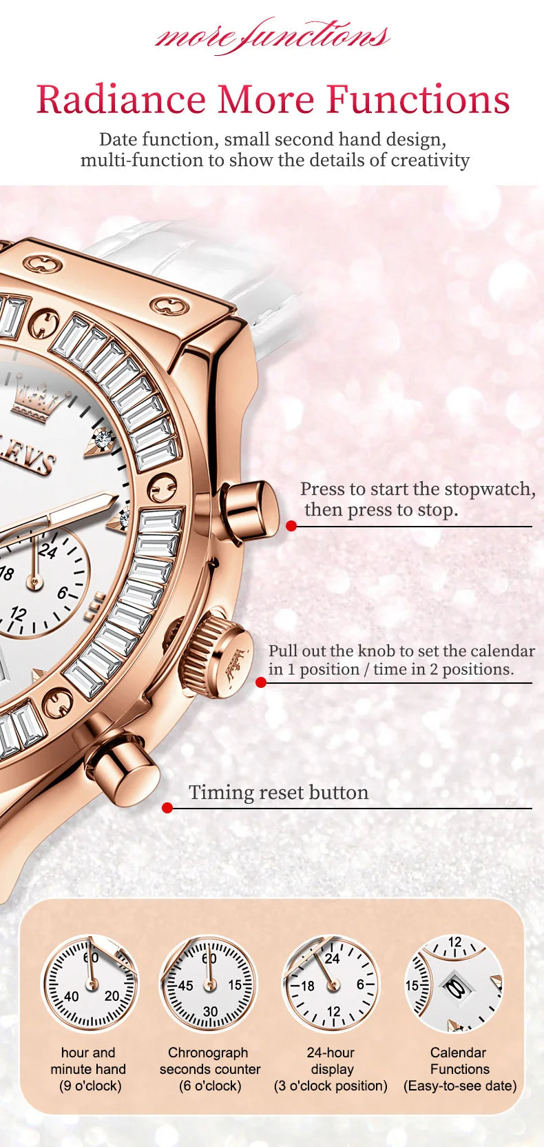Elegant women's leather strap watch by Mohammad Collection featuring a diamond bezel, chronograph, and waterproof quartz movement.