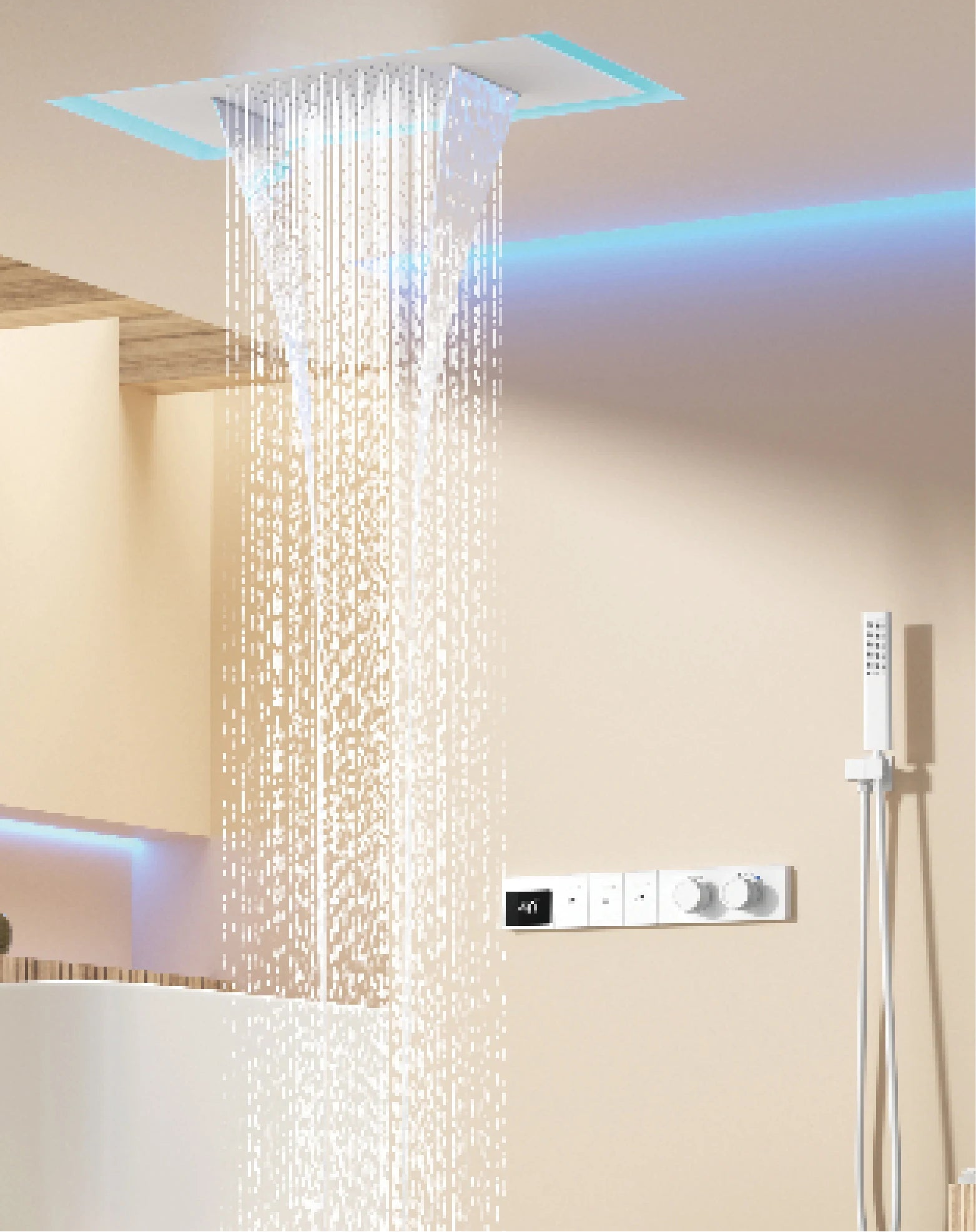 Elegant white brass shower system by MC THE BLACK DIAMOND with digital display, wall-mounted dual control bath faucet, hidden design