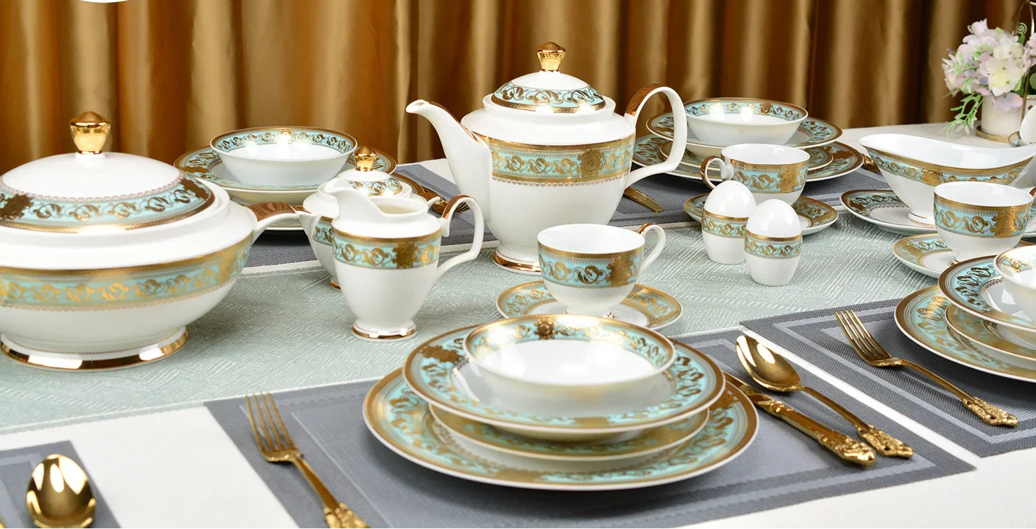 Elegant embossed gold porcelain dinnerware set by MC THE BLACK DIAMOND, featuring luxury bone china with intricate gold detailing.