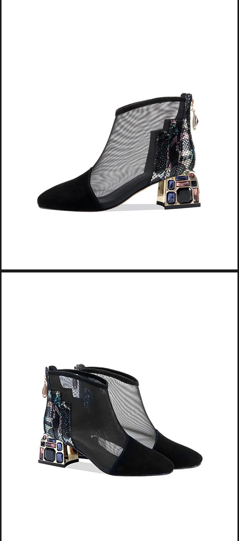 Luxury rhinestone summer women's ankle boots with mesh, pointed toe, thick heel, and casual style, perfect for stylish warm-weather outfits.