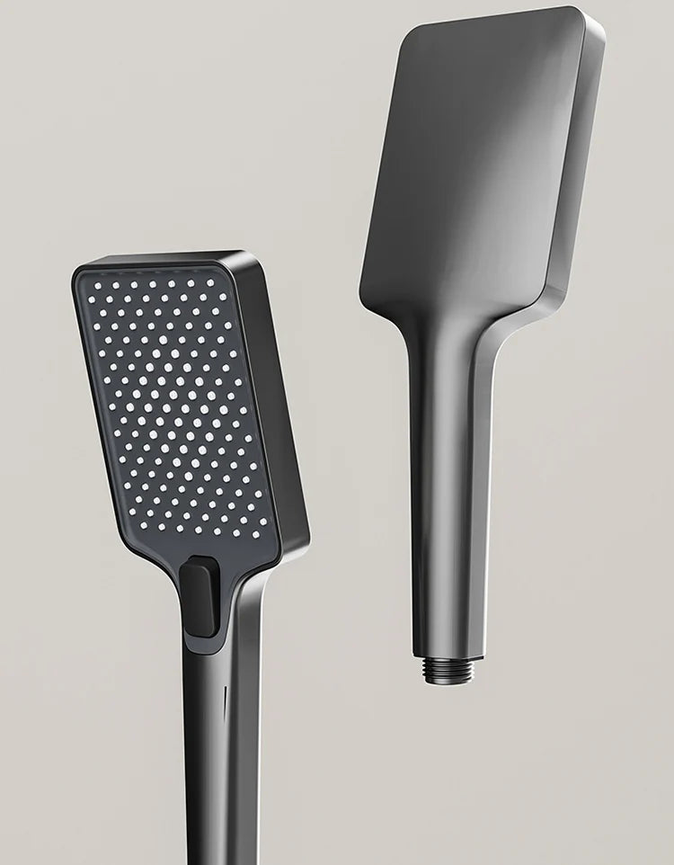 Grey MC THE BLACK DIAMOND shower column with digital display, rain faucet, and ambient lighting for modern bathroom shower systems.