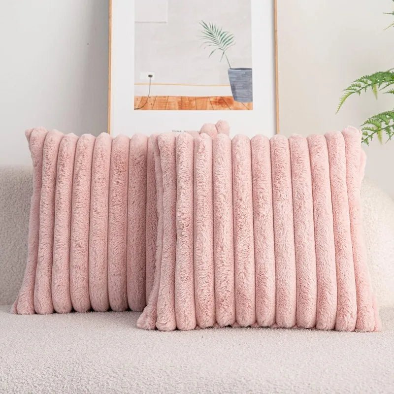 Soft, thick faux rabbit fur square cushion cover in solid color with striped design, 24x24 inches, for sofa decor by MC THE BLACK DIAMOND
