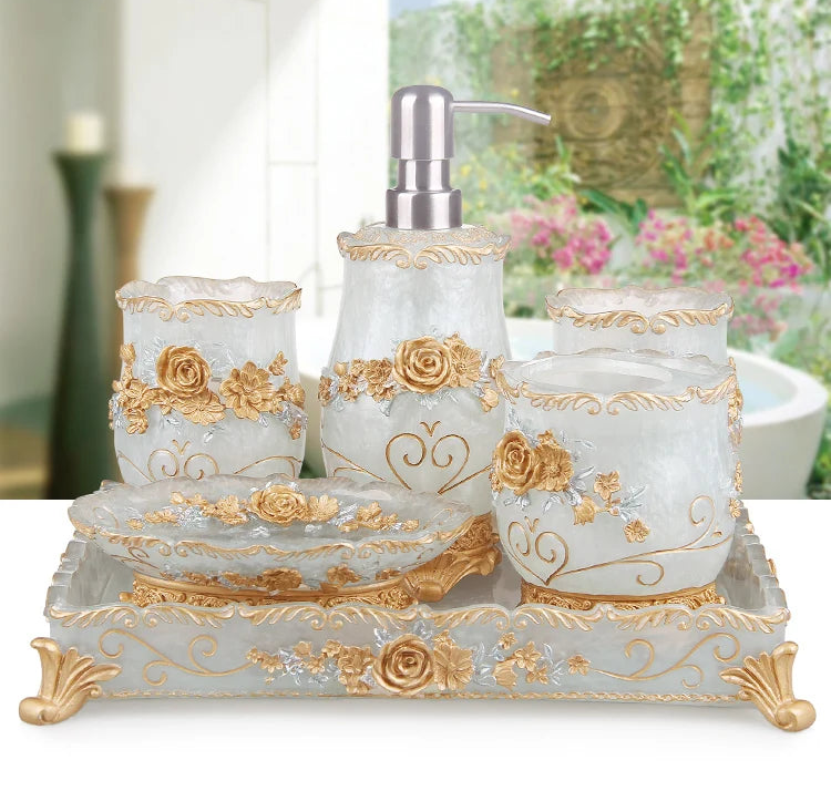 European resin bathroom decor set with soap dispenser, toothbrush holder, soap dish, toilet brush, and wastebin in black.