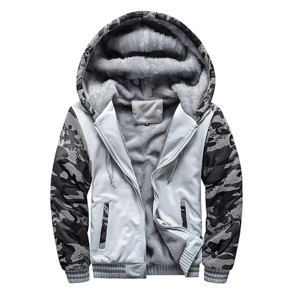 Men's camouflage winter jacket with fleece lining, long sleeves, hood, and casual streetwear style by ๐๐ ๐๐๐ ๐น๐๐๐๐ ๐ป๐