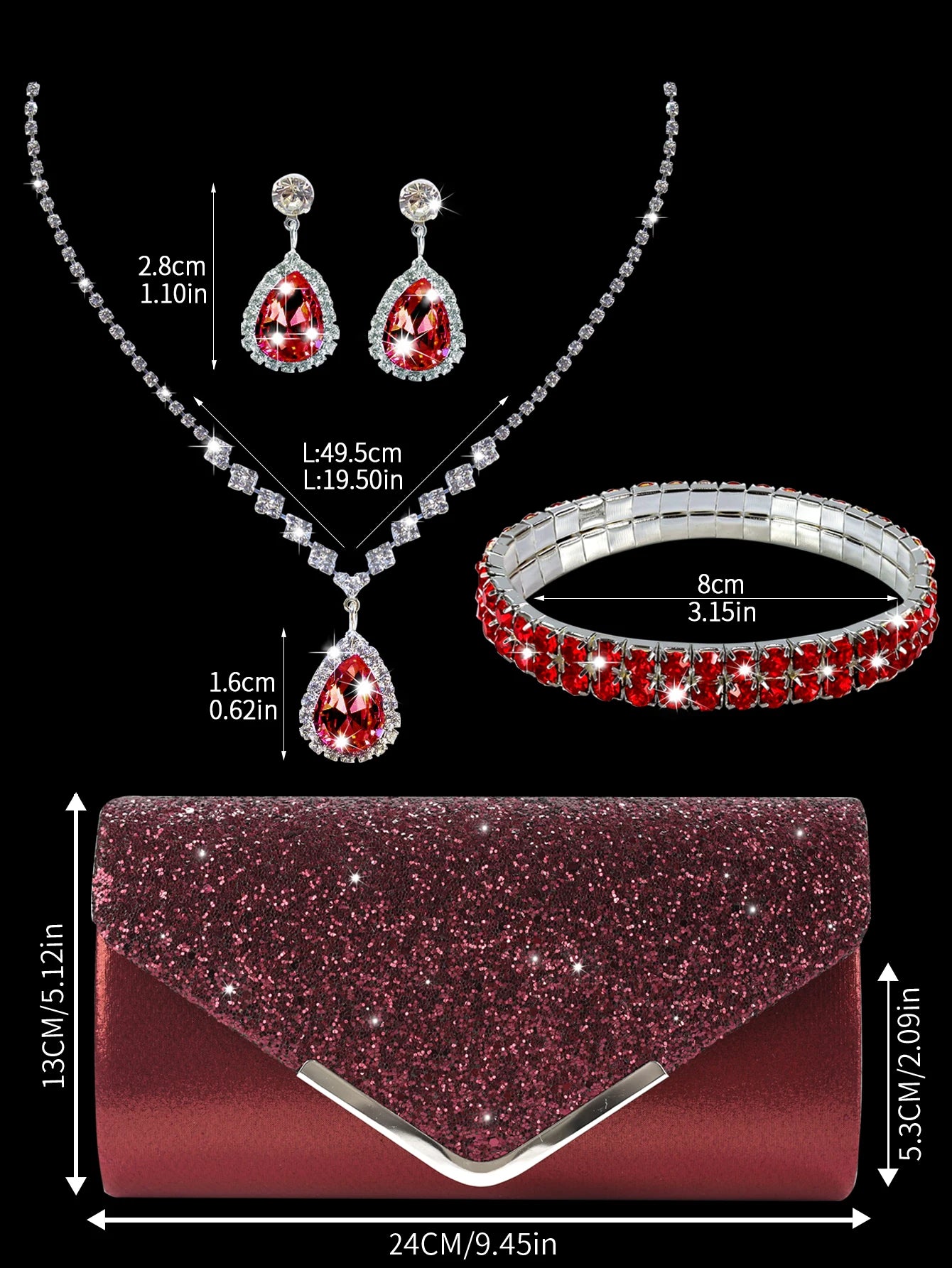 Sparkling MC THE BLACK DIAMOND sequined evening clutch with rhinestone necklace, earrings, and bracelet set for women, elegant accessory.