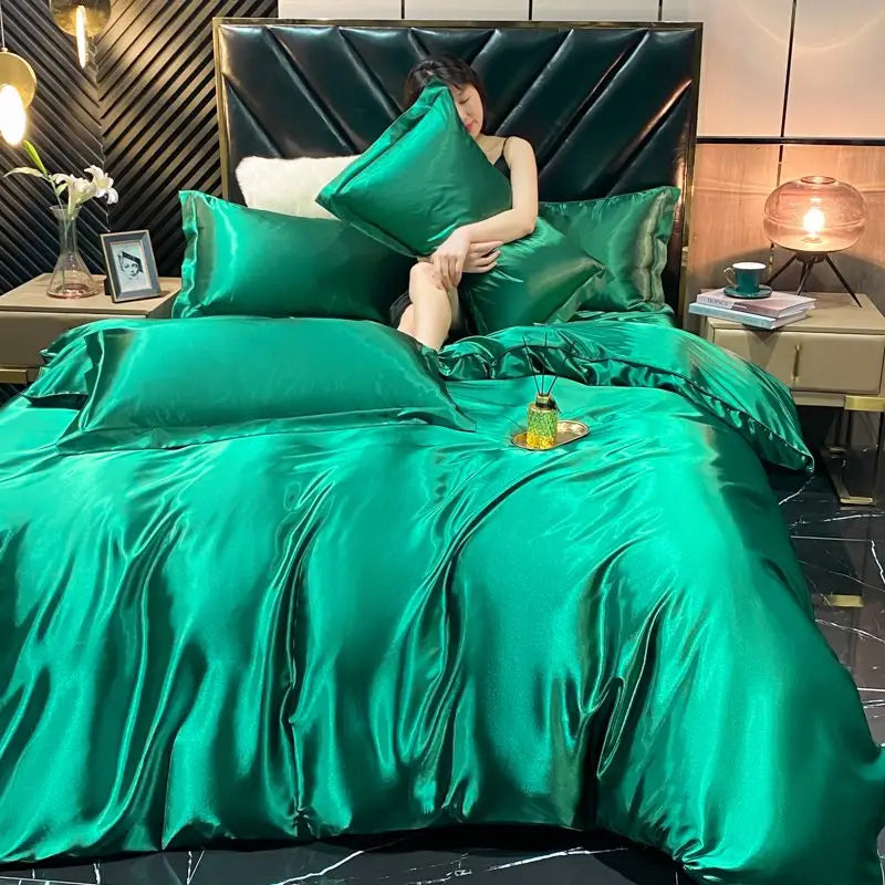 Solid rayon silk bedding set with duvet cover, bed sheet, and satin pillowcases from 𝕄𝕔 𝕋𝕙𝕖 𝔹𝕝𝕒𝕔𝕜 𝔻𝕚𝕒