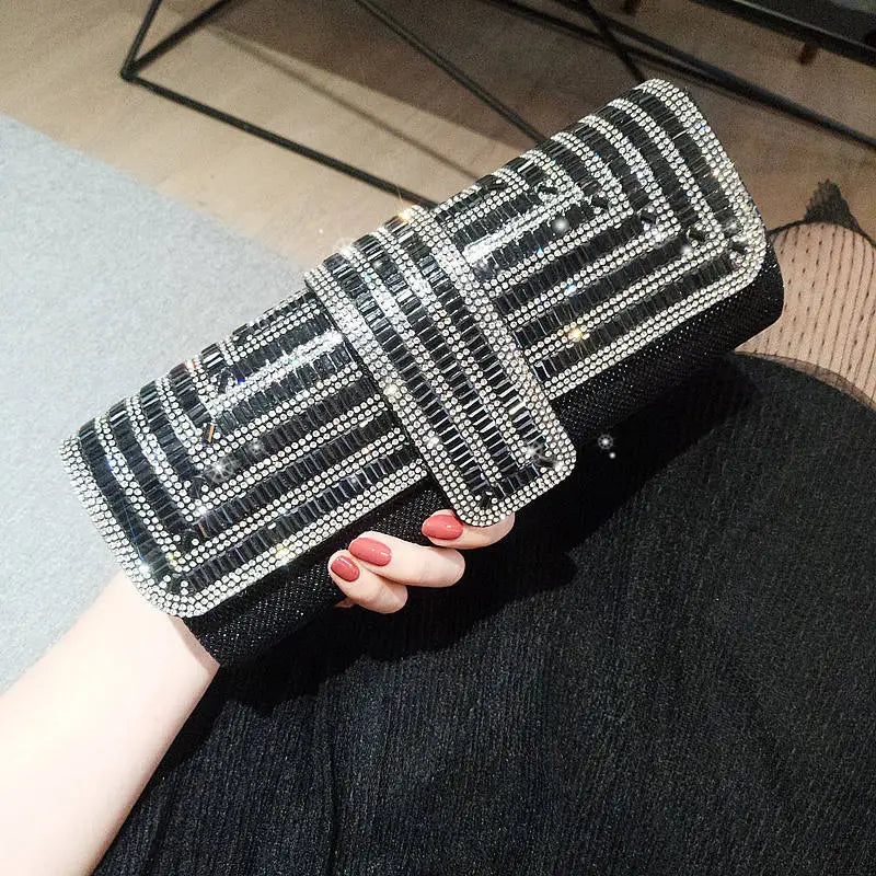 Elegant MC THE BLACK DIAMOND handbag with a crystal armpit chain, perfect for wedding and party occasions.