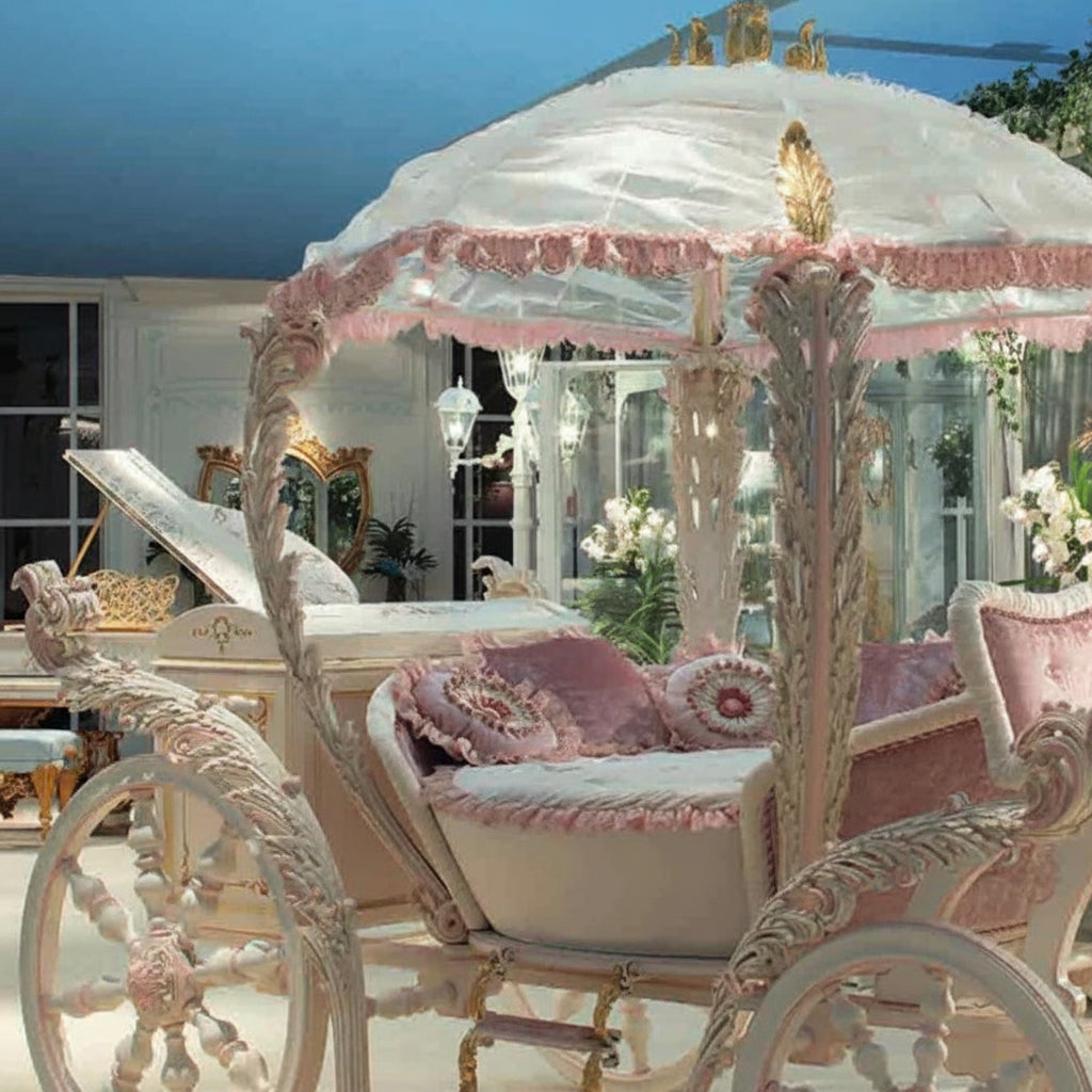 Pink children's princess bed carriage by Royal Craftsman No. 1 European solid wood, featuring ornate details and a charming design.