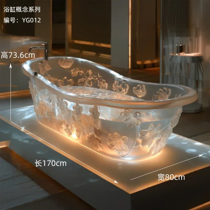 Transparent AI concept couple freestanding resin bathtub with crystal accents, designed by MC THE BLACK DIAMOND.