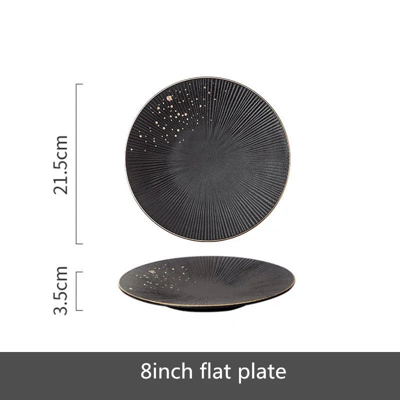 Black porcelain dinner plates with gold rim, set of tableware for rice, salad, and noodles by ๐๐ ๐๐๐ ๐น๐๐๐๐ ๐ป๐