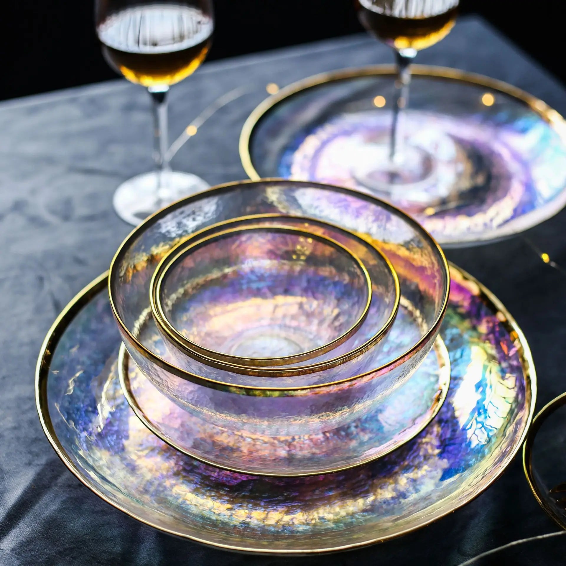 Rainbow glass dinner plates and salad bowls with gilt rims from ๐๐ ๐๐๐ ๐น๐๐๐๐ ๐ป๐๐๐๐