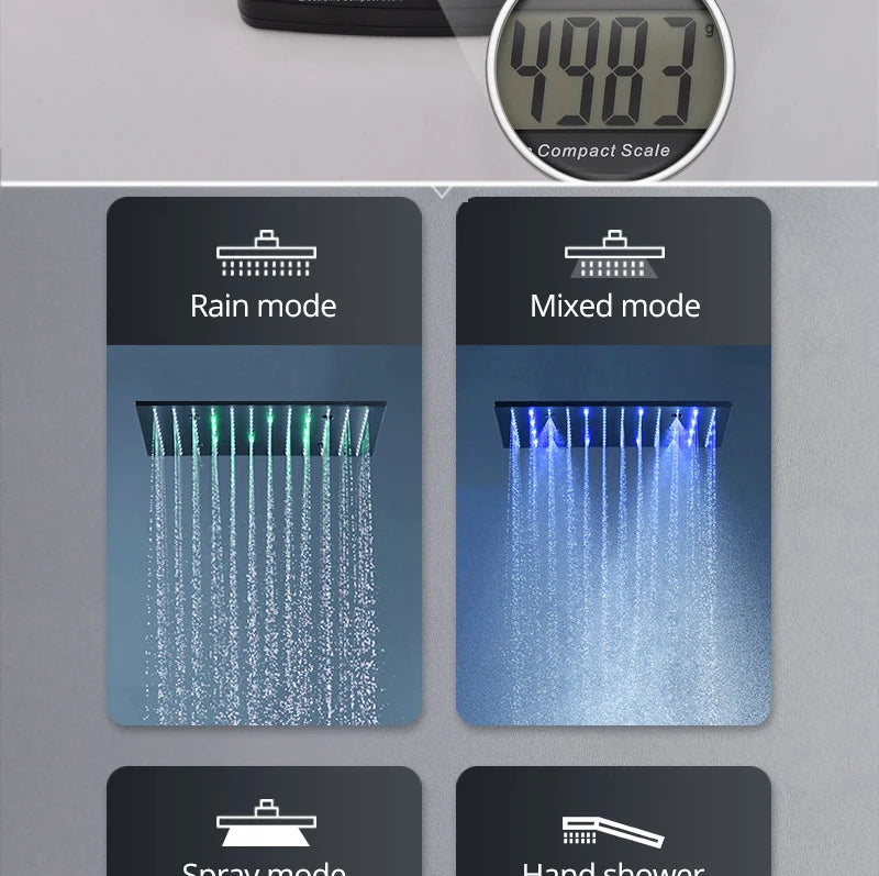 Luxury 16/20 inch rainfall mist spray LED shower head set with side massage jets and temperature control by 𝕄𝕔 𝕋𝕙𝕖 𝔹𝕝𝕒𝕔𝕜 𝔻�