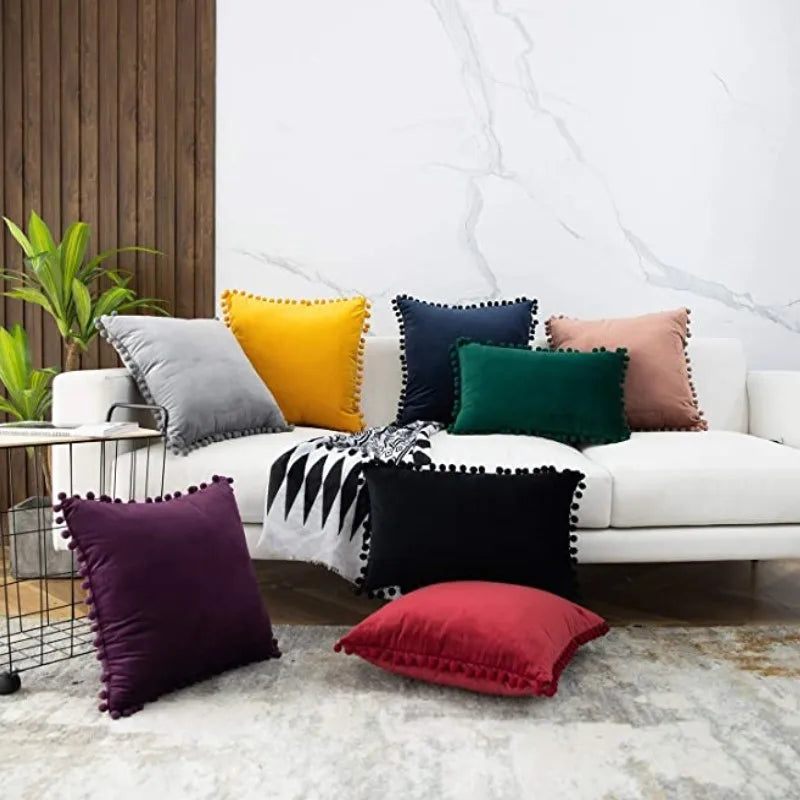 MC THE BLACK DIAMOND velvet throw pillow cover with pom-pom accents, large sofa cushion case, soft and cozy decorative pillow.