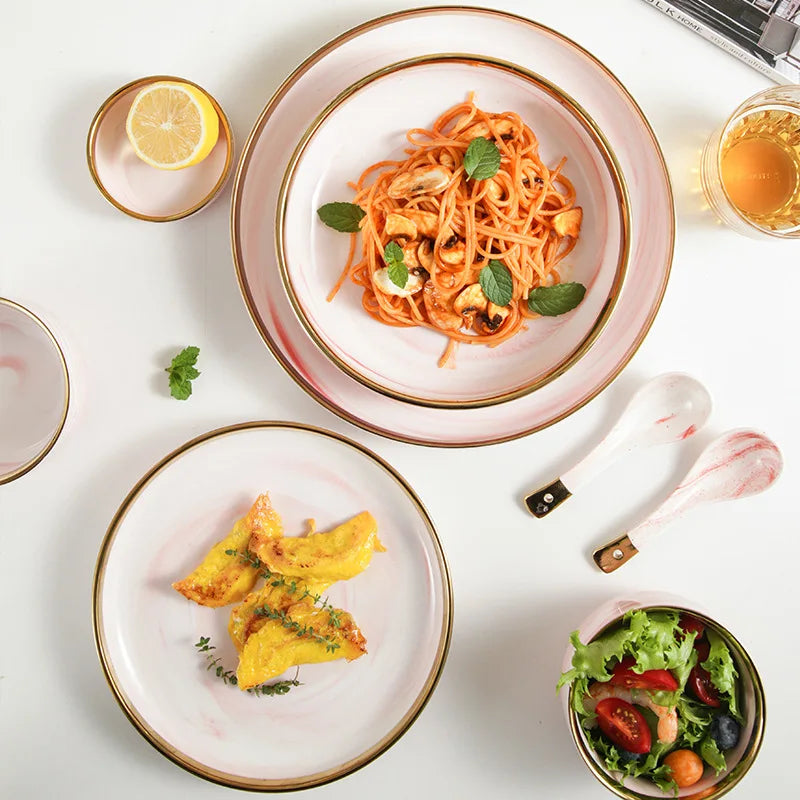 Pink gilded marble pattern porcelain dinner plate set with bowls and spoons, ceramic kitchenware from MC THE BLACK DIAMOND.