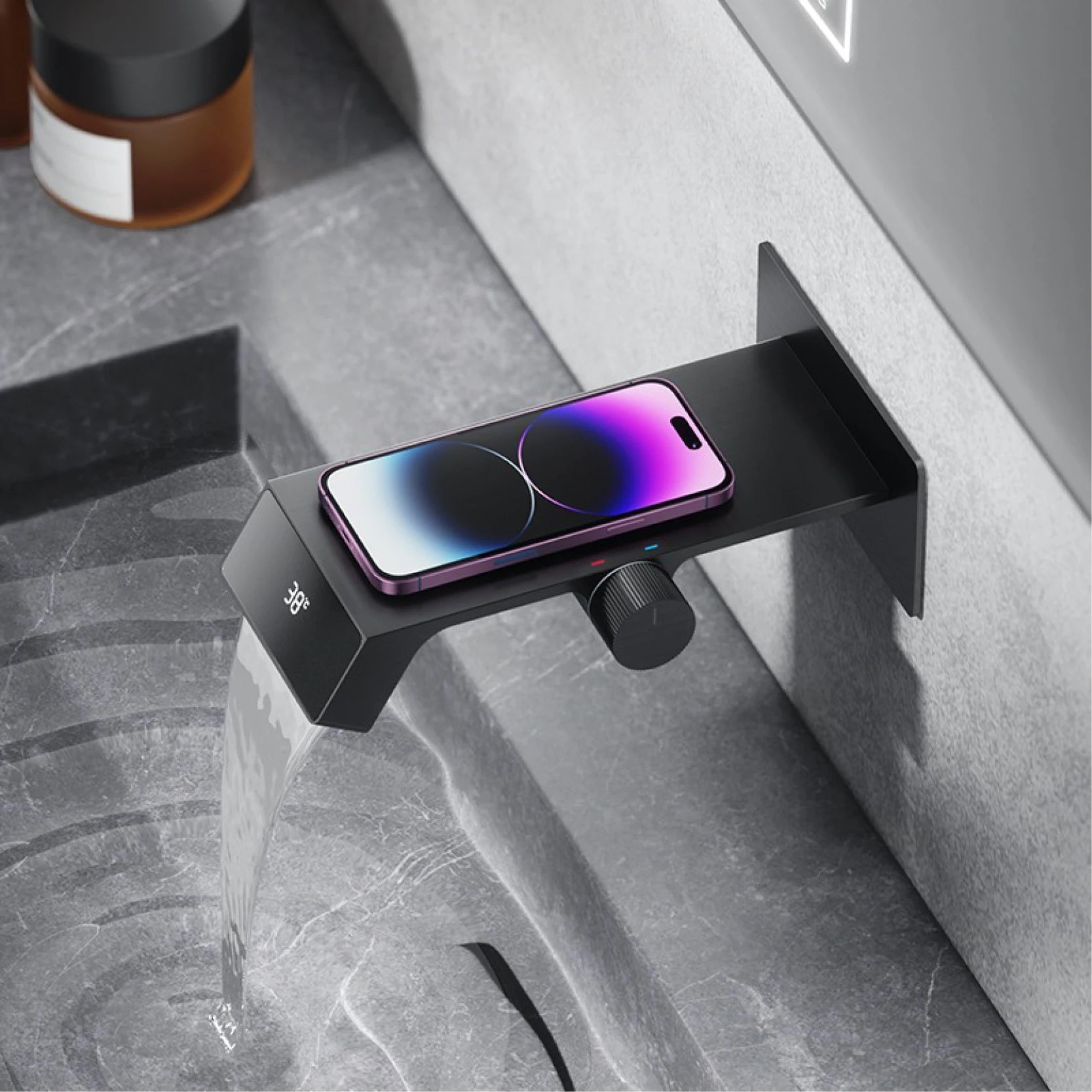 Luxury gray brass bathroom faucet with LED digital display, modern home decor by MC THE BLACK DIAMOND