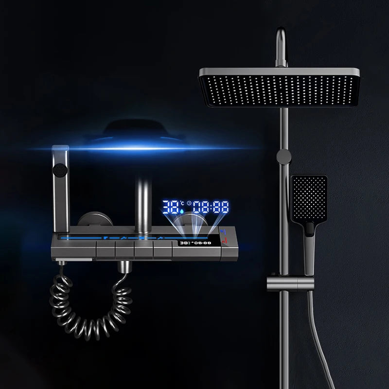 Grey MC THE BLACK DIAMOND shower column with digital display, rain faucet, and ambient lighting for modern bathroom showers.