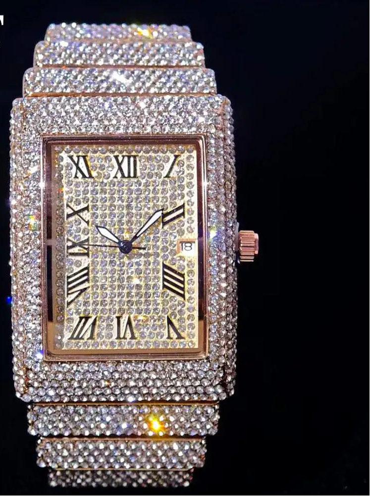 Luxury gold ice watch by MC THE BLACK DIAMOND featuring diamond accents, rectangular quartz face, and stylish men's fashion design.