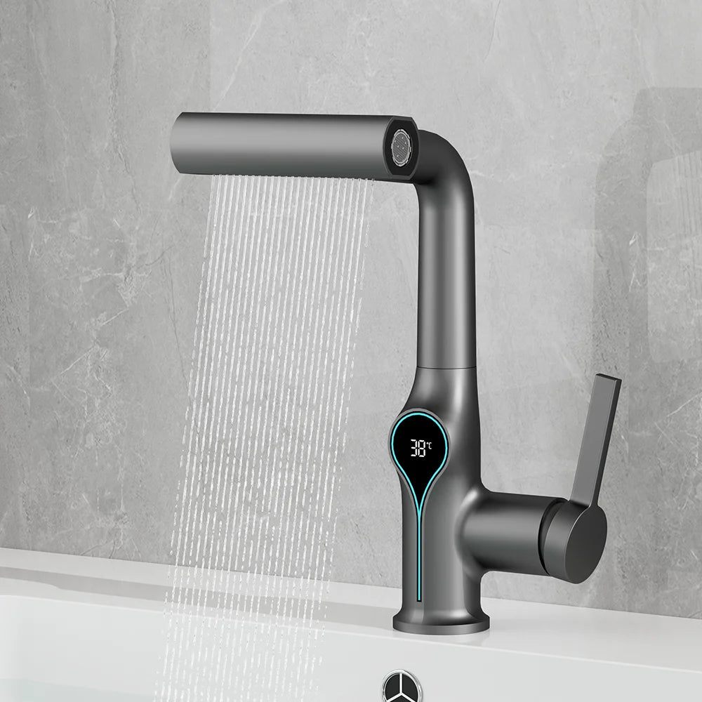 Black bathroom waterfall basin faucet with digital temperature display and handheld sprayer, hot and cold water mix, by 𝕄𝕔 𝕋𝕙𝕖 𝔹𝕝𝕒𝕔𝕜 𝔻�