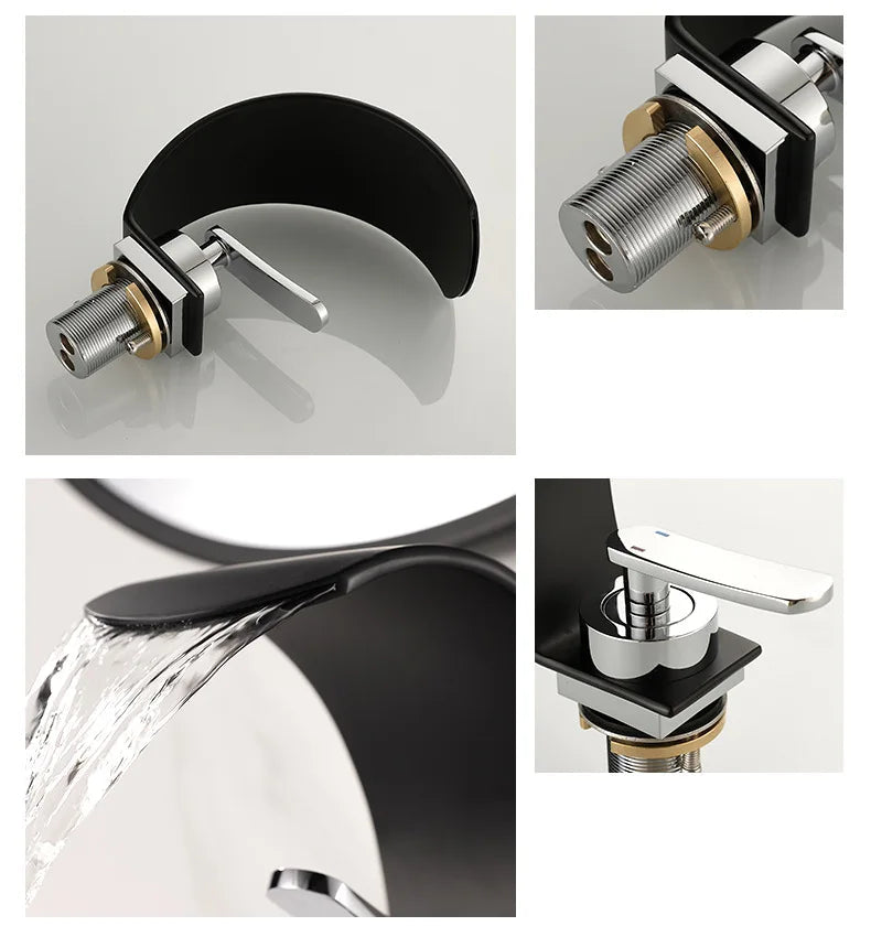 Black and white GEGVE waterfall bathroom sink faucet with hot and cold water mixer, iron finish for bathtub and sink use.