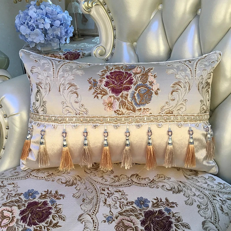 European luxury jacquard tassel lace decorative sofa pillow cushion cover featuring elegant design and large rectangular shape.