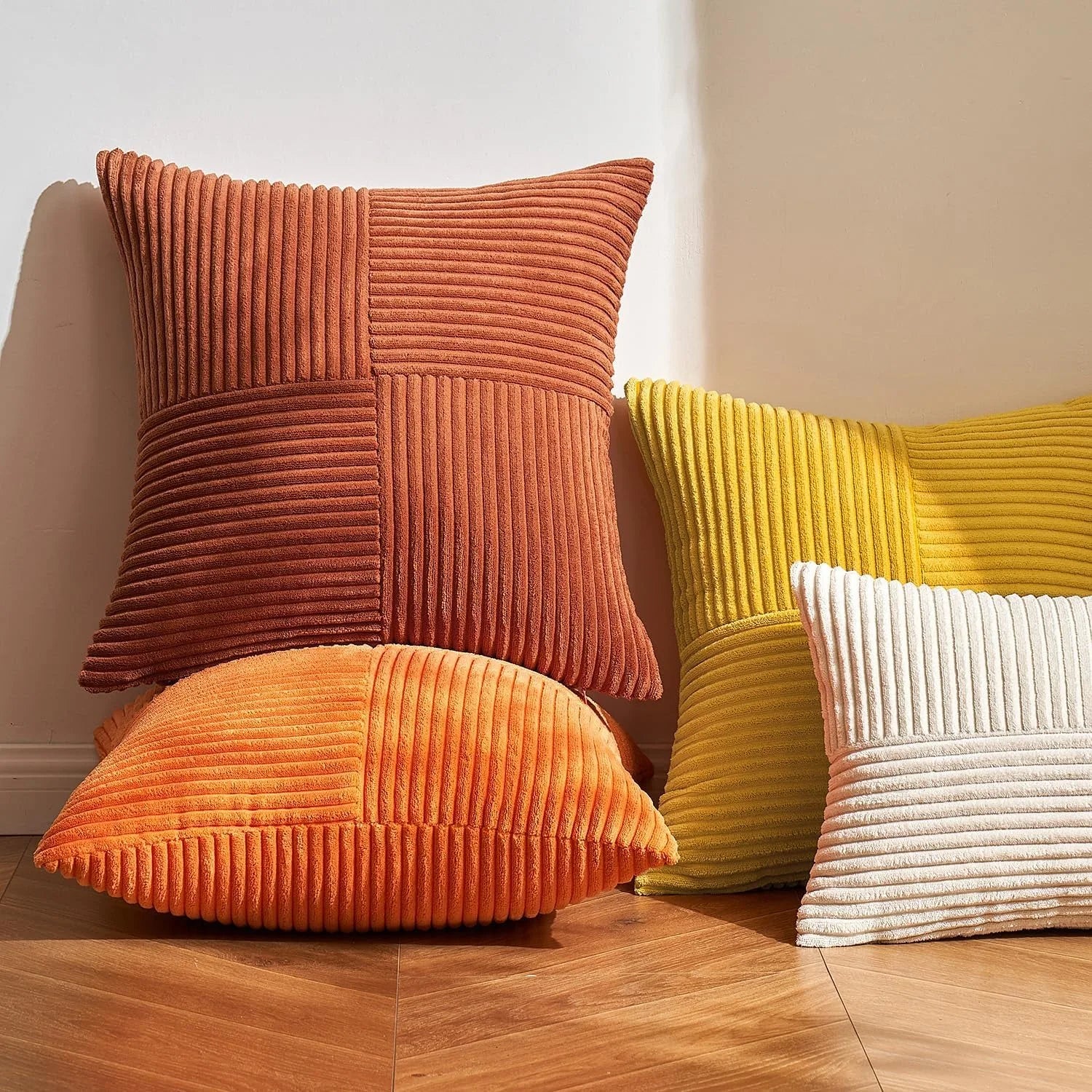 Mustard yellow corduroy boho spliced throw pillow cover with cross patchwork, soft textured cushion case by MC THE BLACK DIAMOND
