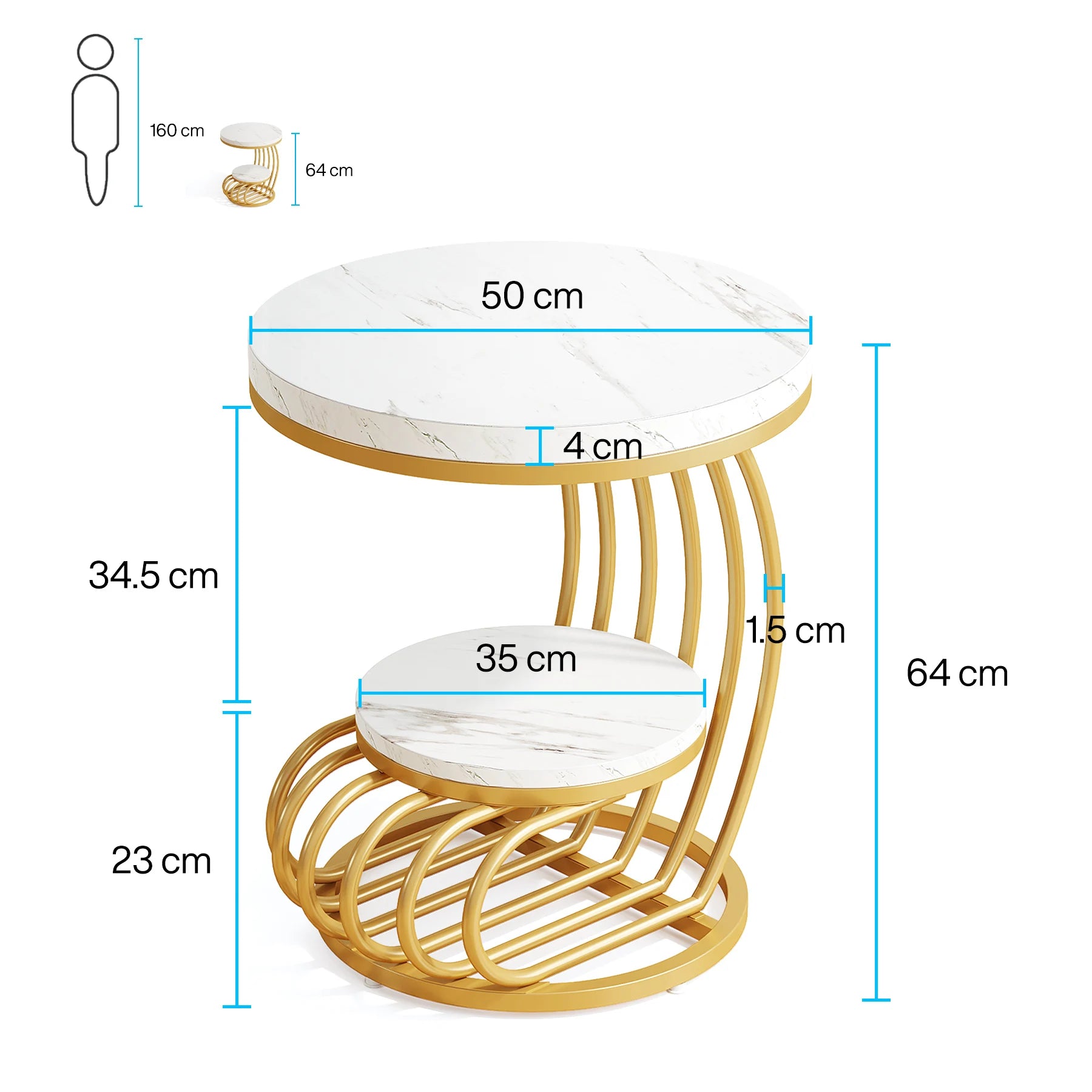 Modern white and gold round end table by MC THE BLACK DIAMOND featuring two tiers, faux marble surface, and storage shelf.