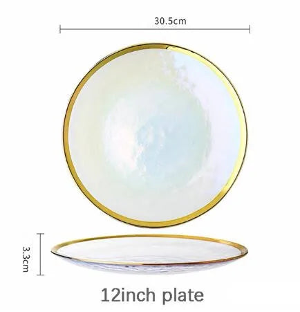 Rainbow glass dinner plates and salad bowls with gilt rim, clear glass serving tray from ๐๐ ๐๐๐ ๐น๐๐๐๐ ๐ป๐๐๏ฟฝ