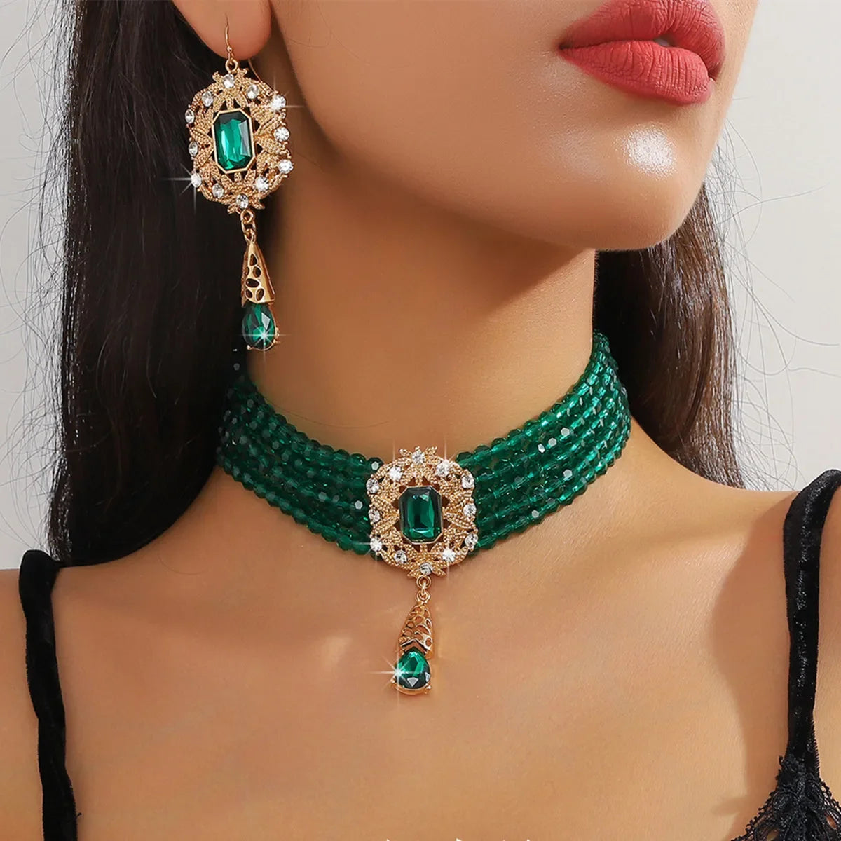 Vintage green, red, blue, and black crystal necklace and geometric hollow alloy earrings by MC THE BLACK DIAMOND for women.