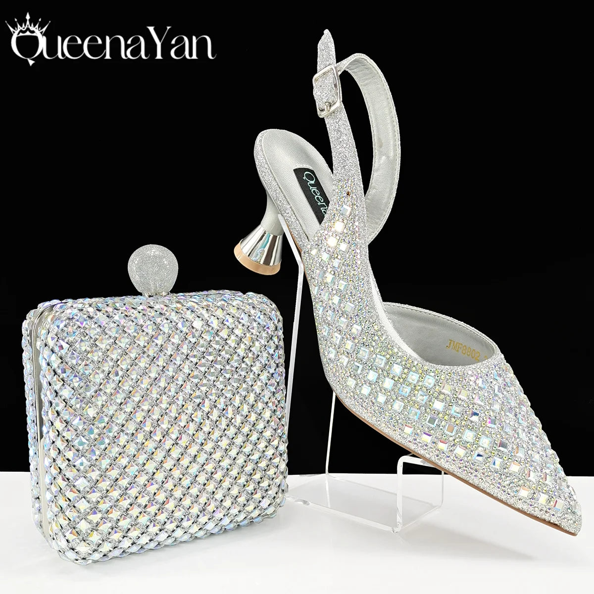 Queena Yan Italian design green rhinestone pointed toe high heel shoes and matching bag set for women's party fashion.