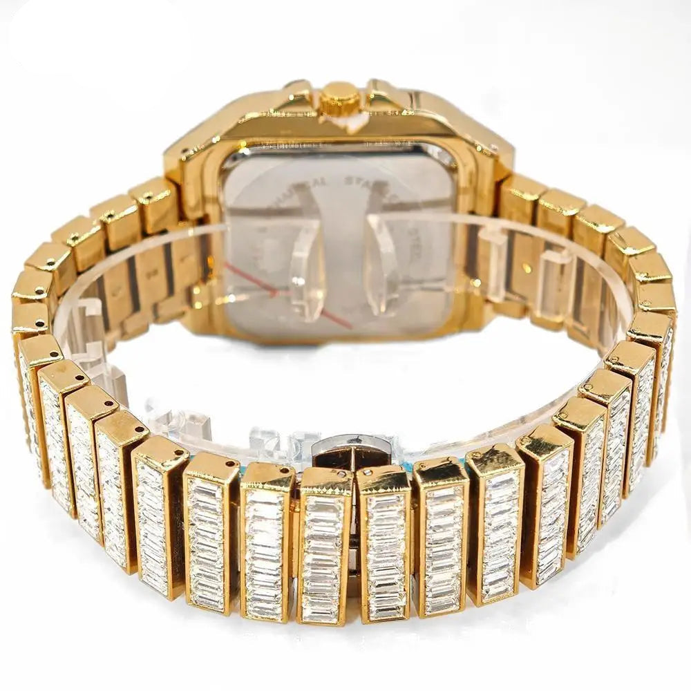 Luxury MC THE BLACK DIAMOND rose gold men's watch with stainless steel band, quartz movement, iced out diamonds, rectangle face.