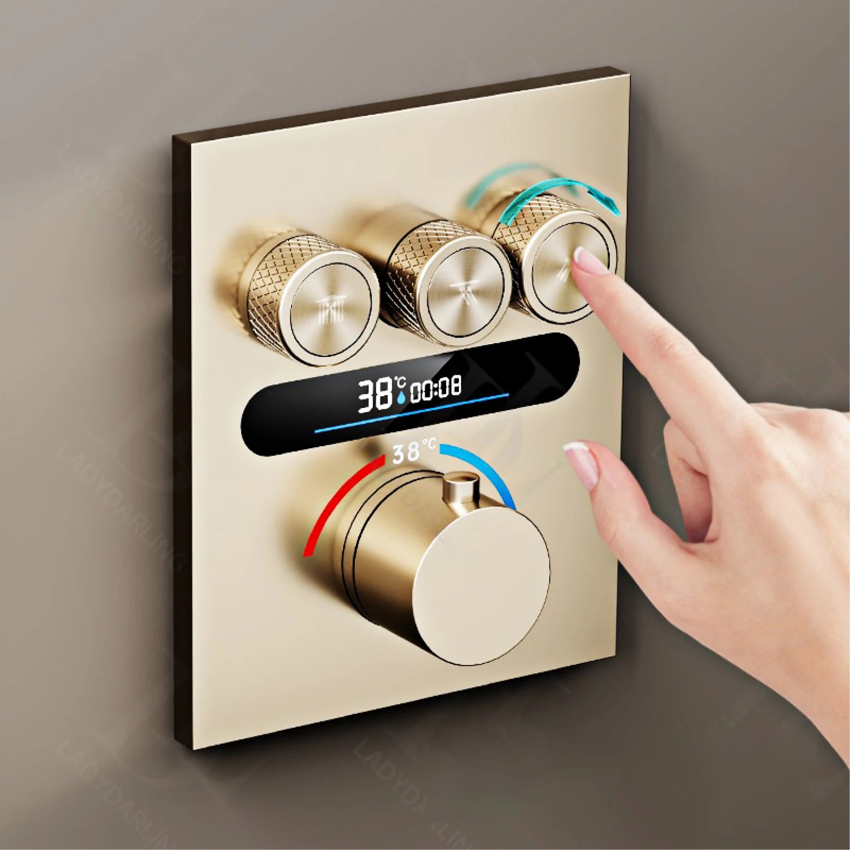 Luxury gold LED digital display bath shower system with hot and cold water mixer, embedded ceiling design by 𝕄𝕔 𝕋𝕙𝕖 𝔹𝕝𝕒𝕔𝕜 𝔻𝕚�