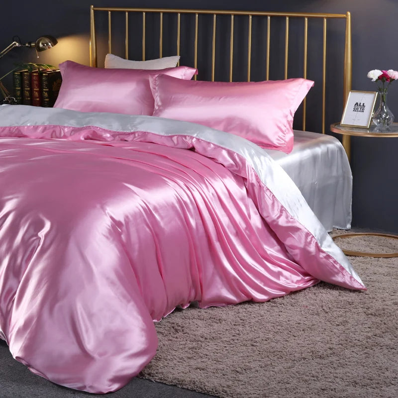 Silk bedding set with duvet cover, fitted sheet, flat sheet, and pillowcases in solid color from 𝕄𝕔 𝕋𝕙𝕖 𝔹𝕝𝕒𝕔𝕜 𝔻�
