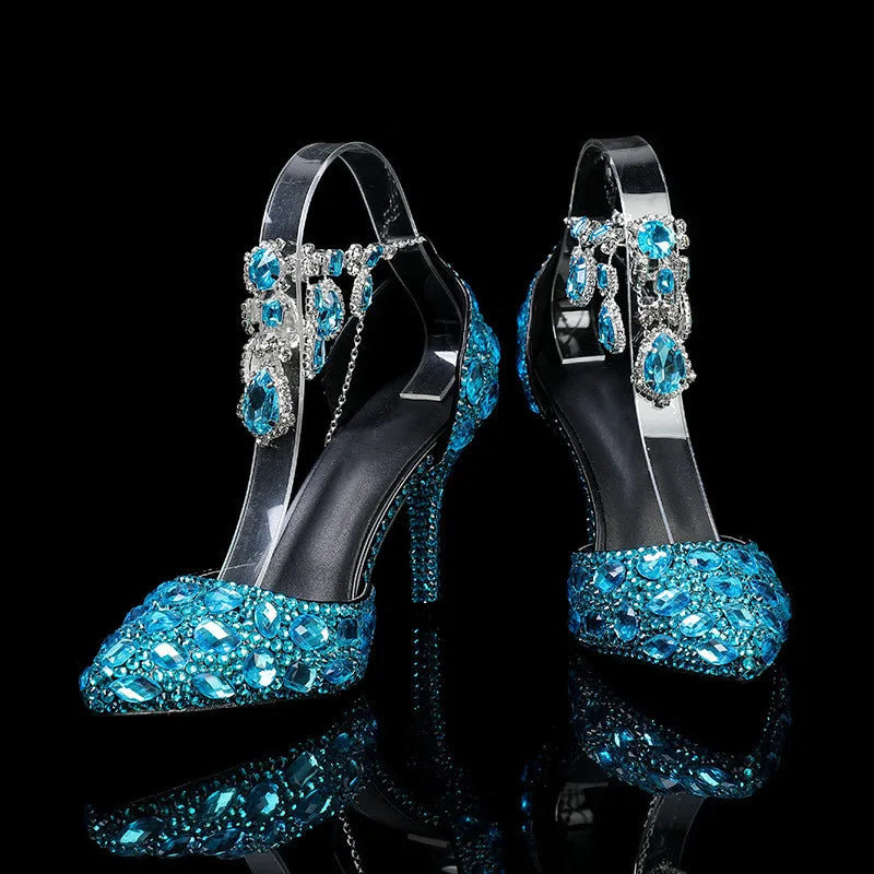 Elegant crystal pendant high heels by MC THE BLACK DIAMOND, designed for prom and wedding celebrations.