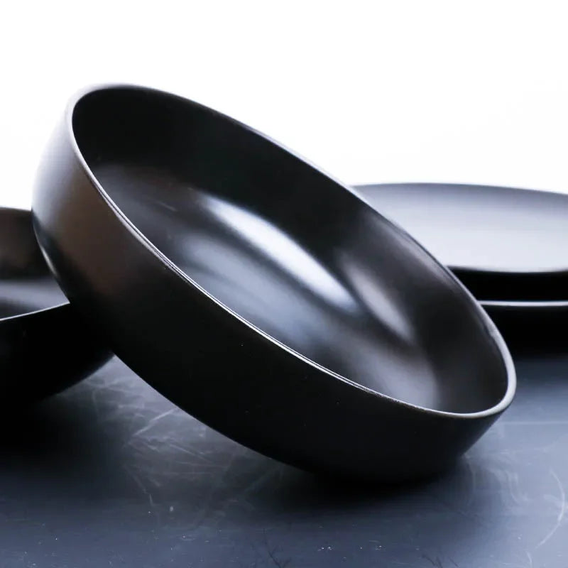 Black ceramic breakfast milk cup and deep soup plate set from 𝕄𝕔 𝕋𝕙𝕖 𝔹𝕝𝕒𝕔𝕜 𝔻𝕚𝕒𝕞𝕠